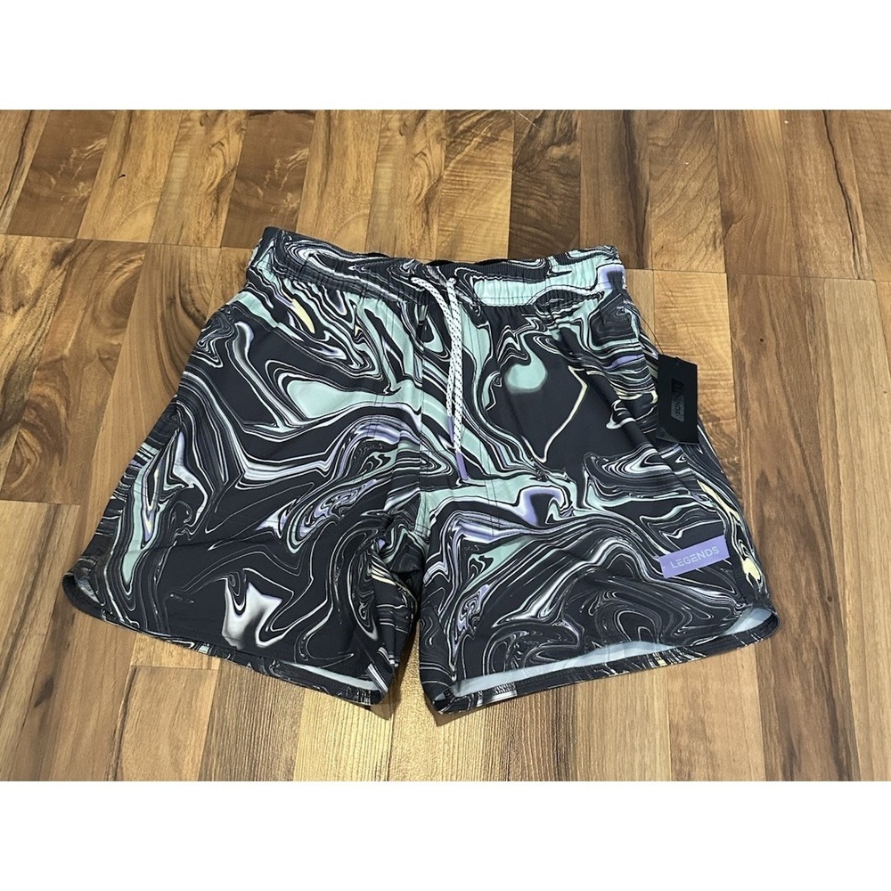 Legends Saylor Swim Trunks Mens S Liquid Charcoal Swirl Mesh Pockets Unlined NWT